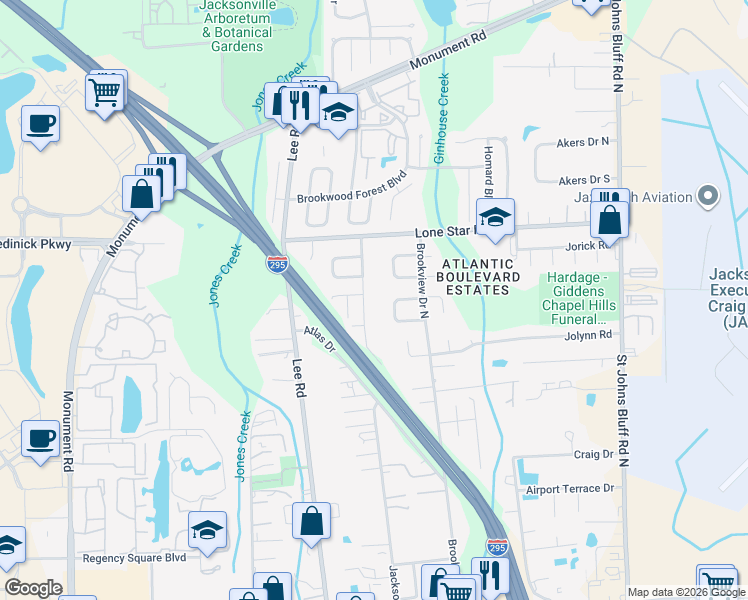 map of restaurants, bars, coffee shops, grocery stores, and more near 861 Jackson Road in Jacksonville