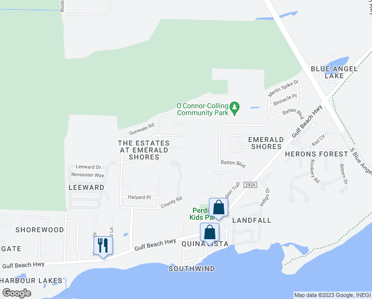 map of restaurants, bars, coffee shops, grocery stores, and more near 2532 Jibe Drive in Pensacola