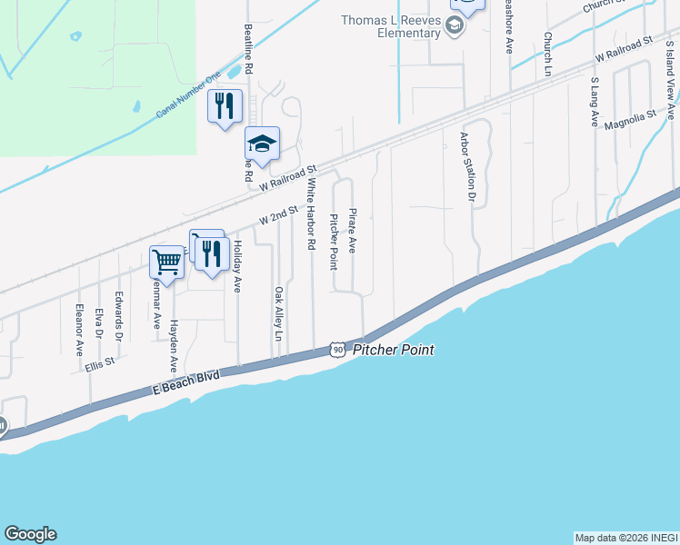map of restaurants, bars, coffee shops, grocery stores, and more near 104 Pitcher Point in Long Beach