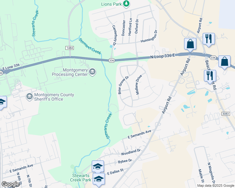 map of restaurants, bars, coffee shops, grocery stores, and more near 2027 Briar Grove Drive in Conroe