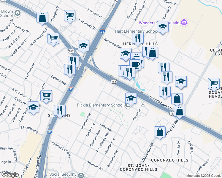 map of restaurants, bars, coffee shops, grocery stores, and more near 7608 Carver Avenue in Austin