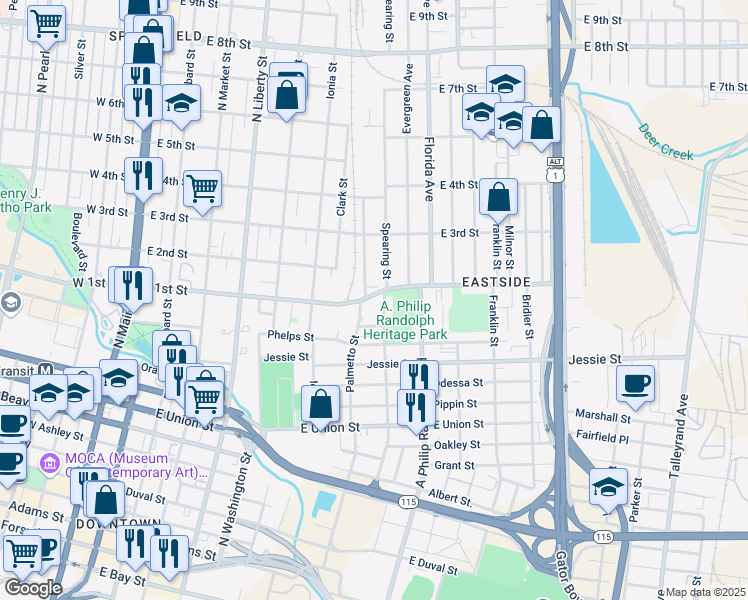 map of restaurants, bars, coffee shops, grocery stores, and more near 634 East 1st Street in Jacksonville