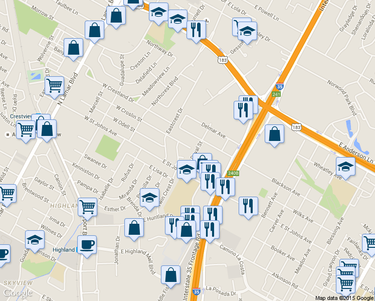 map of restaurants, bars, coffee shops, grocery stores, and more near 305 East Croslin Street in Austin