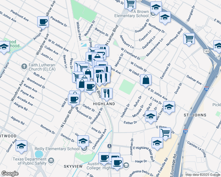 map of restaurants, bars, coffee shops, grocery stores, and more near 7000 Guadalupe Street in Austin