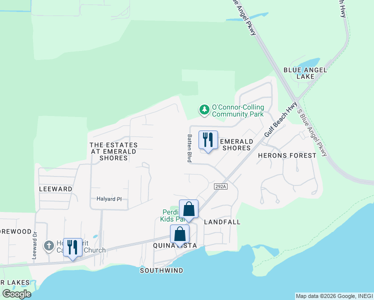 map of restaurants, bars, coffee shops, grocery stores, and more near 582 Batten Boulevard in Pensacola