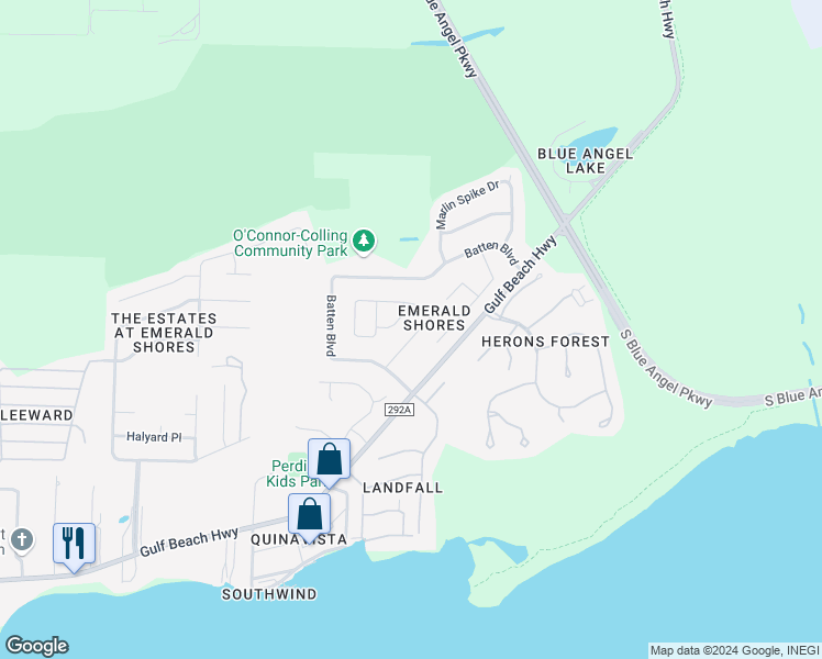 map of restaurants, bars, coffee shops, grocery stores, and more near 4108 Spinnaker Place in Pensacola