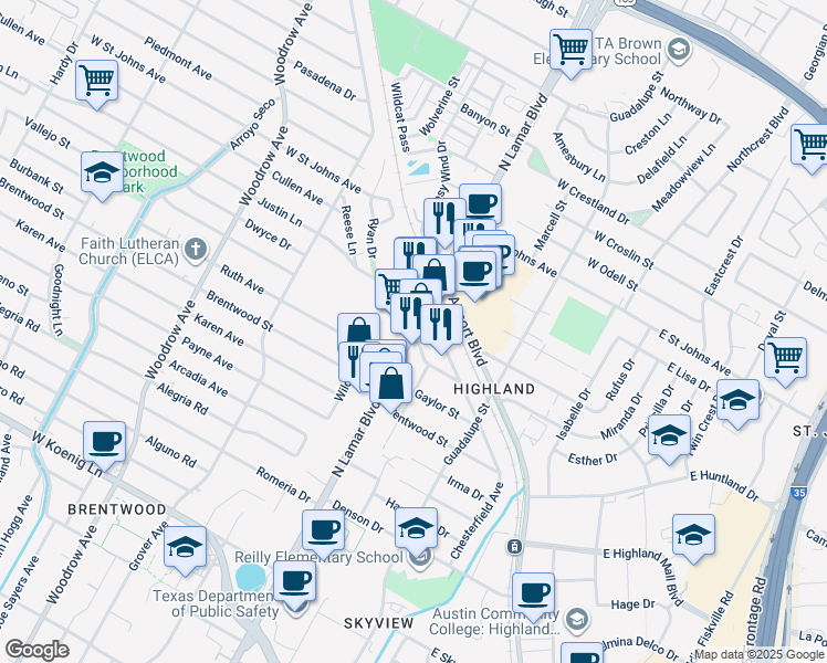 map of restaurants, bars, coffee shops, grocery stores, and more near 6800 North Lamar Boulevard in Austin