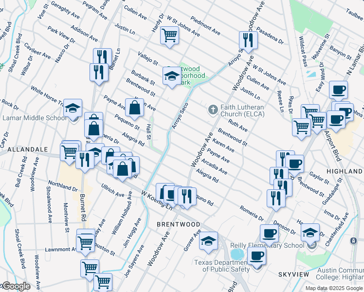 map of restaurants, bars, coffee shops, grocery stores, and more near 1502 Arcadia Avenue in Austin