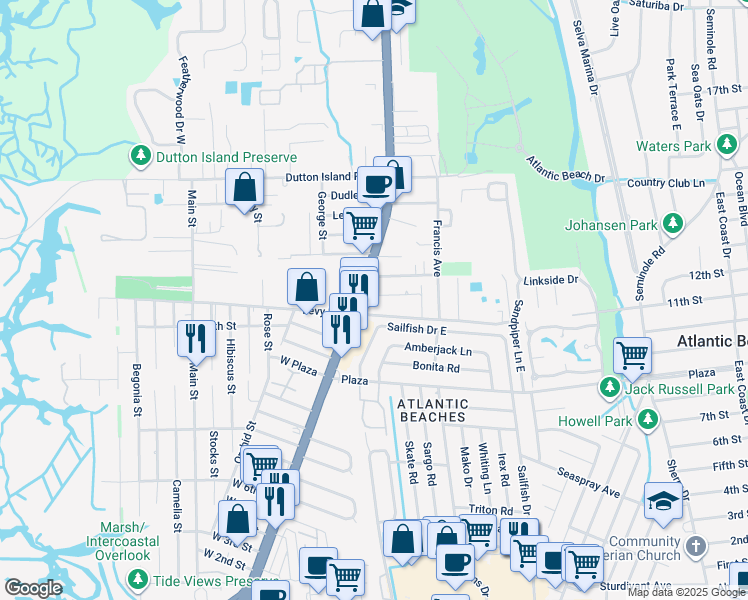 map of restaurants, bars, coffee shops, grocery stores, and more near 30 Ardella Road in Atlantic Beach