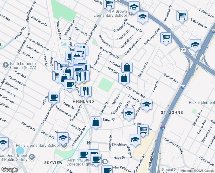 map of restaurants, bars, coffee shops, grocery stores, and more near 401 West Saint Johns Avenue in Austin
