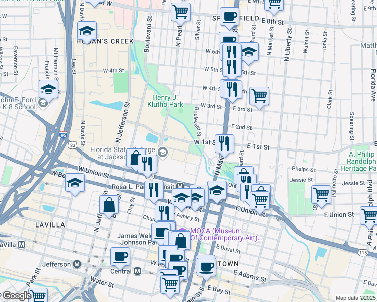 map of restaurants, bars, coffee shops, grocery stores, and more near 1058 Hogan Street in Jacksonville