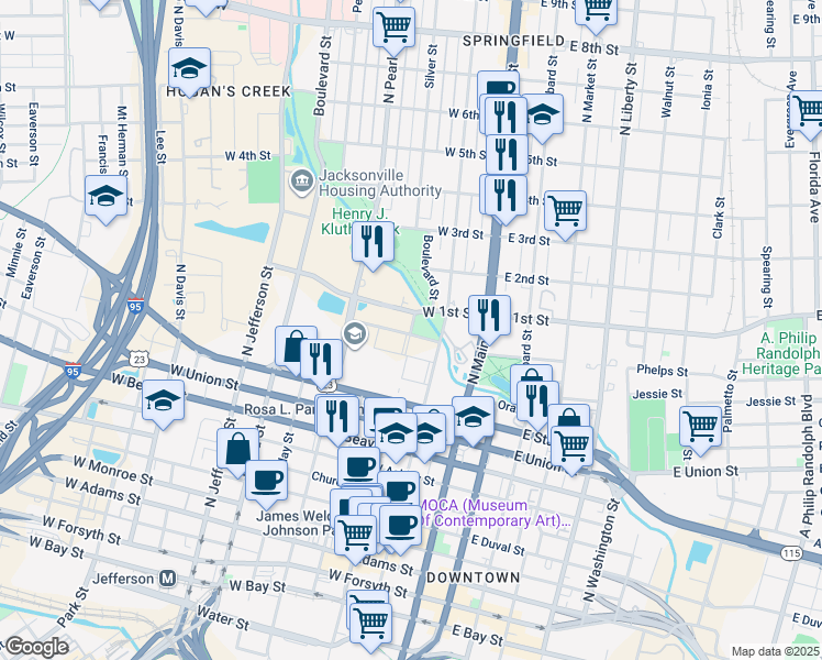 map of restaurants, bars, coffee shops, grocery stores, and more near 1058 Hogan Street in Jacksonville