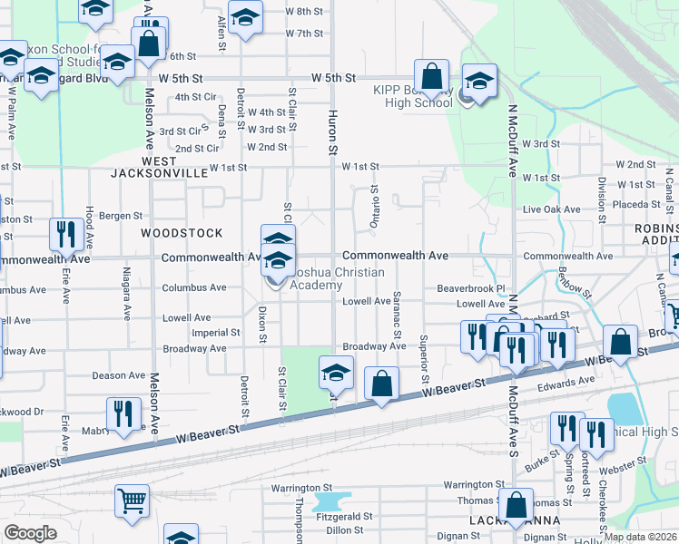 map of restaurants, bars, coffee shops, grocery stores, and more near 947 Huron Street in Jacksonville