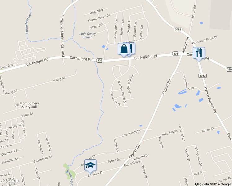 map of restaurants, bars, coffee shops, grocery stores, and more near 1002 Briar Cut Off in Conroe