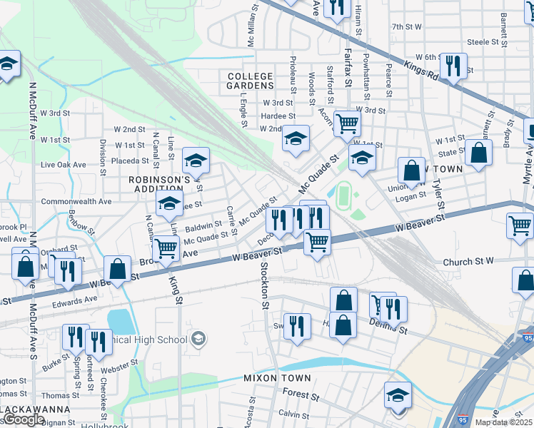 map of restaurants, bars, coffee shops, grocery stores, and more near 843 Baker Avenue in Jacksonville