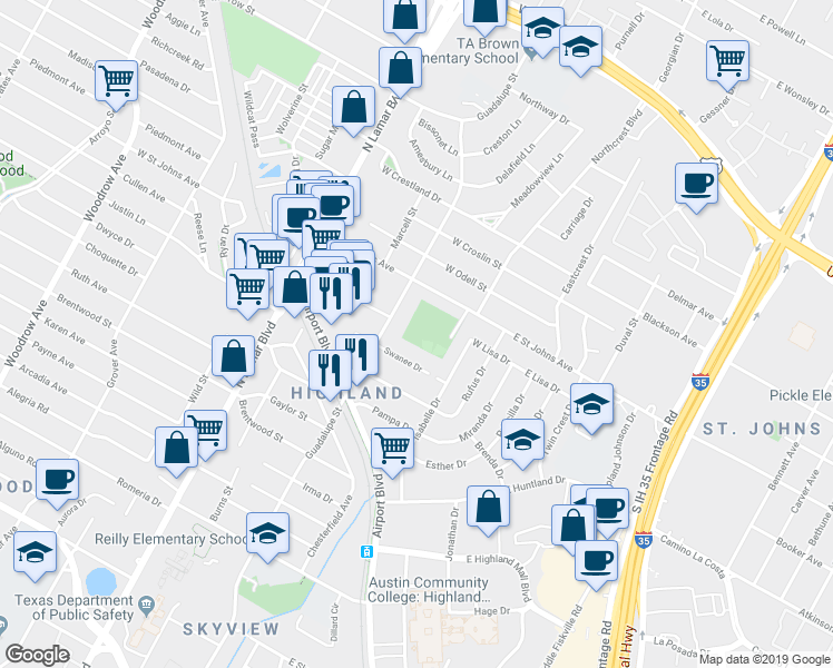 map of restaurants, bars, coffee shops, grocery stores, and more near 401 West Saint Johns Avenue in Austin