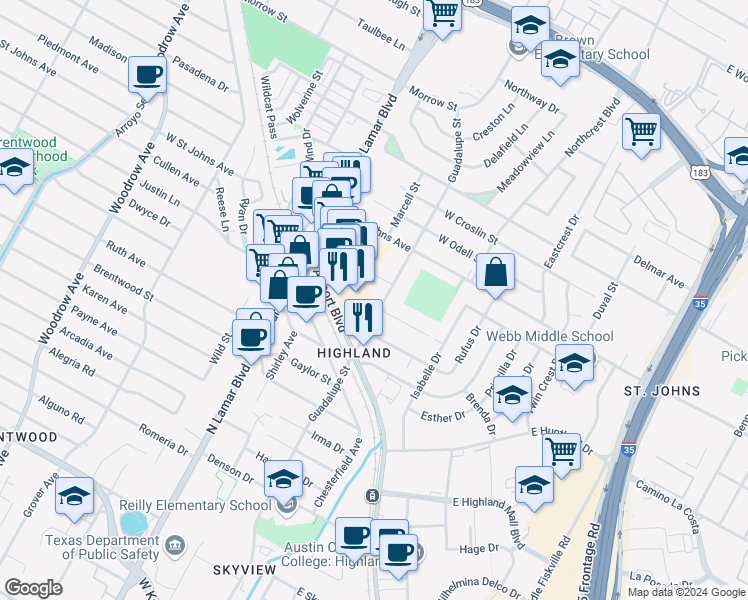 map of restaurants, bars, coffee shops, grocery stores, and more near 7000 Guadalupe Street in Austin