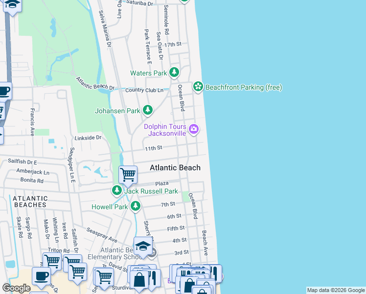 map of restaurants, bars, coffee shops, grocery stores, and more near 178 11th Street in Atlantic Beach