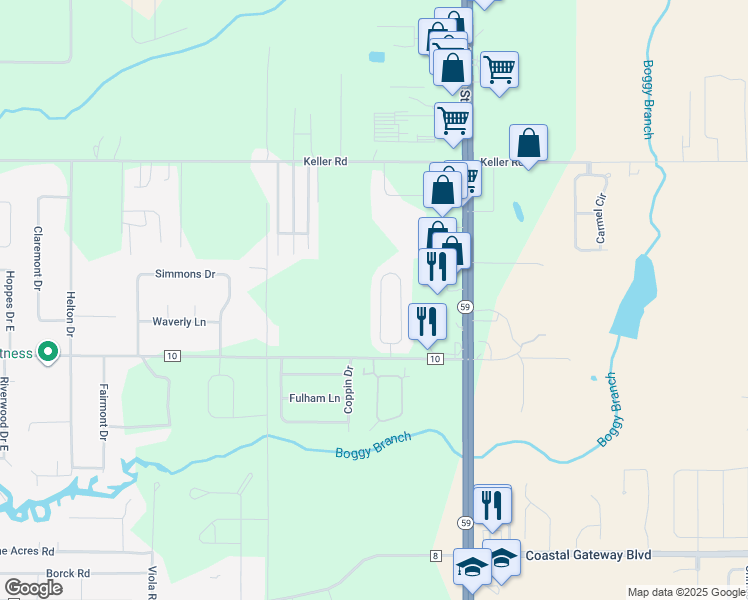 map of restaurants, bars, coffee shops, grocery stores, and more near 7824 Audubon Drive in Foley
