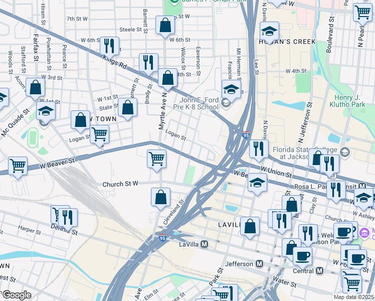 map of restaurants, bars, coffee shops, grocery stores, and more near 712 Eaverson Street in Jacksonville