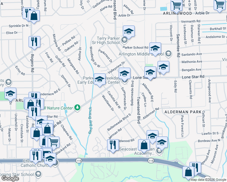 map of restaurants, bars, coffee shops, grocery stores, and more near 1314 Grandview Drive in Jacksonville