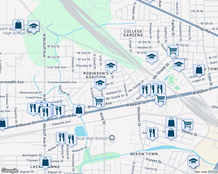 map of restaurants, bars, coffee shops, grocery stores, and more near 2093 Woodside Street in Jacksonville