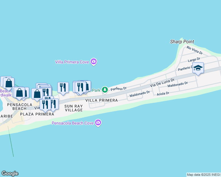 map of restaurants, bars, coffee shops, grocery stores, and more near 215 Panferio Drive in Pensacola Beach