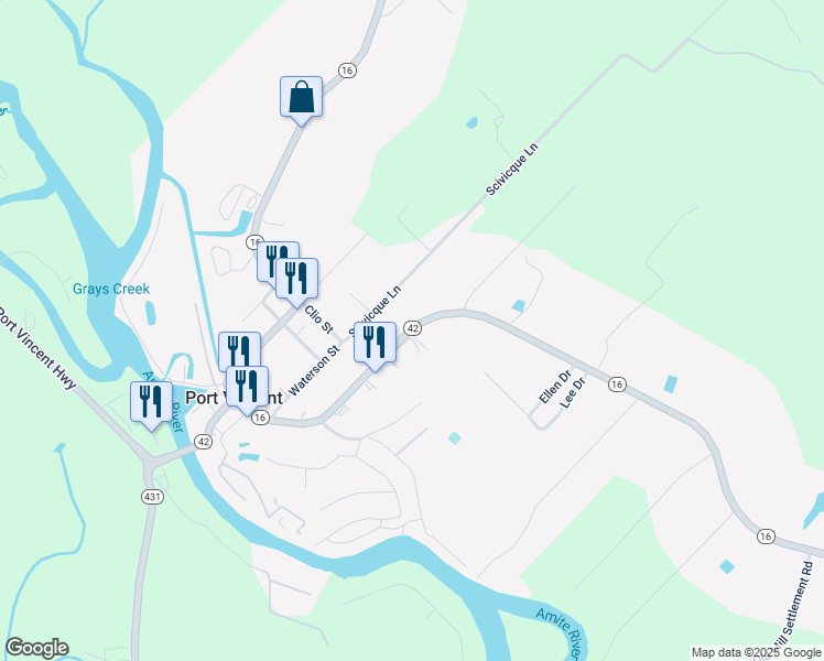 map of restaurants, bars, coffee shops, grocery stores, and more near 18185 Louisiana 16 in Port Vincent