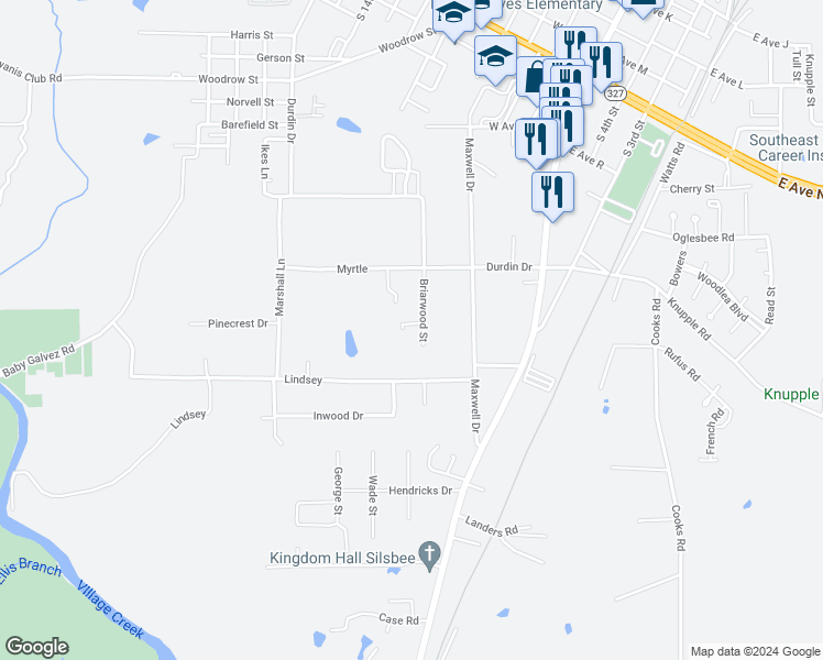 map of restaurants, bars, coffee shops, grocery stores, and more near 360 Briarwood Street in Silsbee