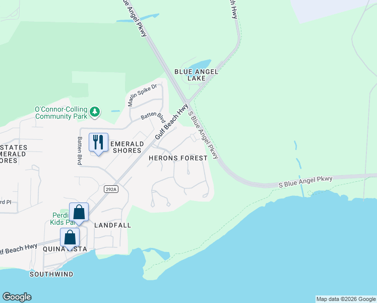 map of restaurants, bars, coffee shops, grocery stores, and more near 10116 Bittern Drive in Pensacola