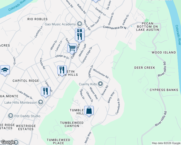 map of restaurants, bars, coffee shops, grocery stores, and more near 1405 Olympus Dr in Austin