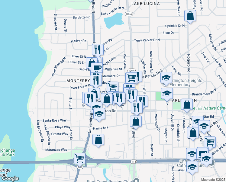 map of restaurants, bars, coffee shops, grocery stores, and more near 5807 Macy Avenue in Jacksonville