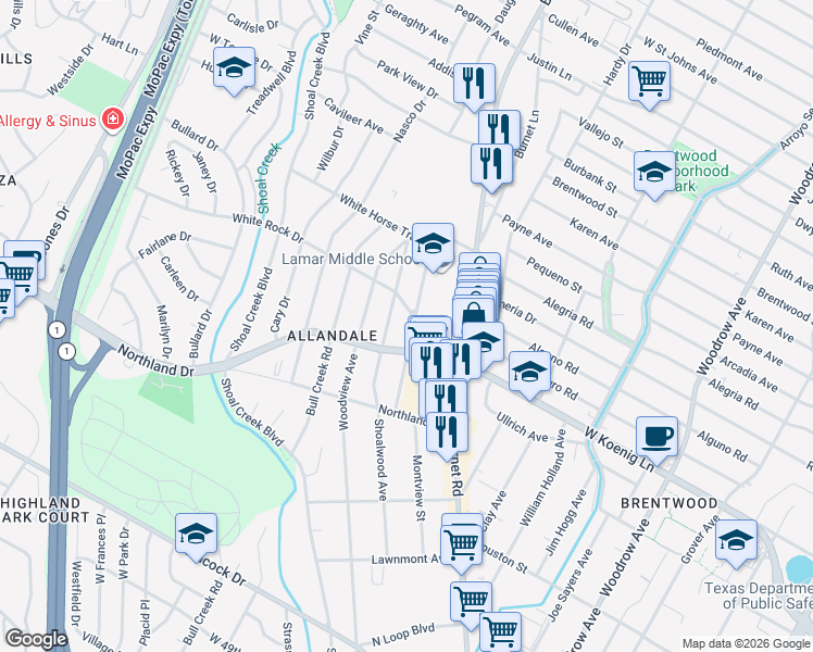 map of restaurants, bars, coffee shops, grocery stores, and more near 5906 Wynona Avenue in Austin