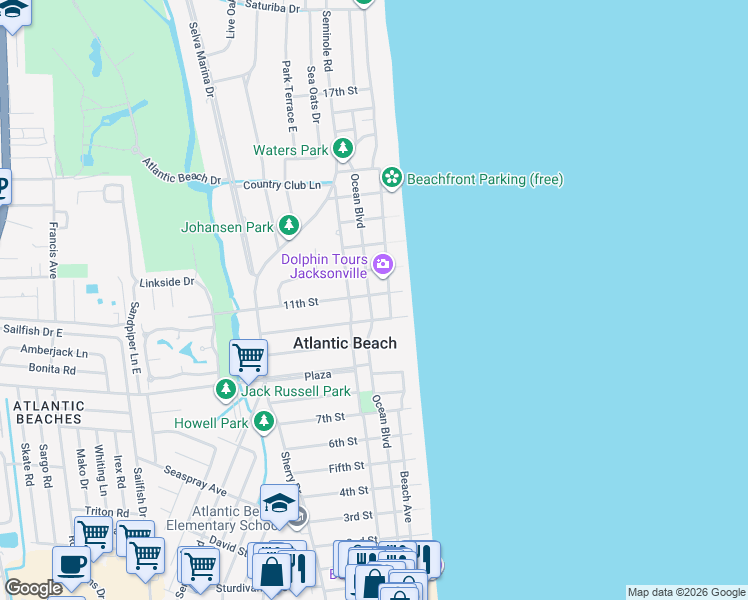 map of restaurants, bars, coffee shops, grocery stores, and more near 178 11th Street in Atlantic Beach