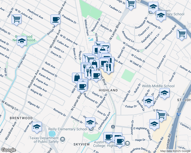 map of restaurants, bars, coffee shops, grocery stores, and more near 6904 Shirley Ave in Austin