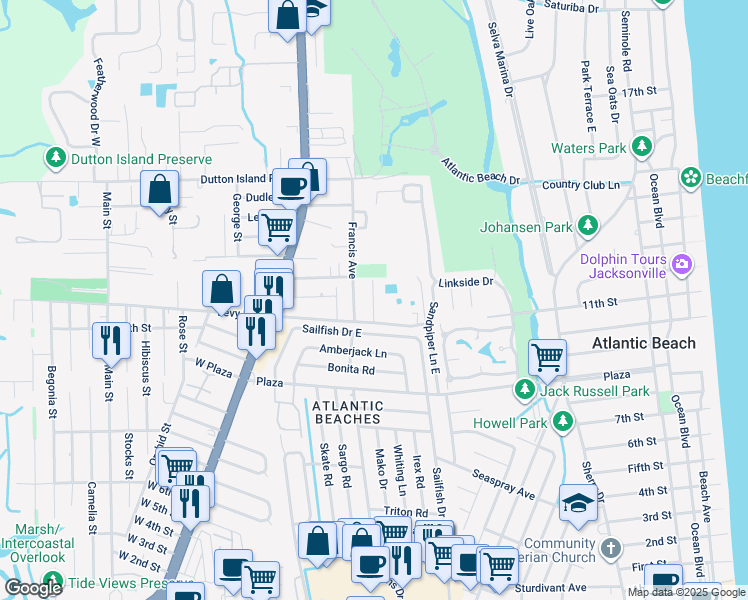 map of restaurants, bars, coffee shops, grocery stores, and more near 1611 Francis Avenue in Atlantic Beach