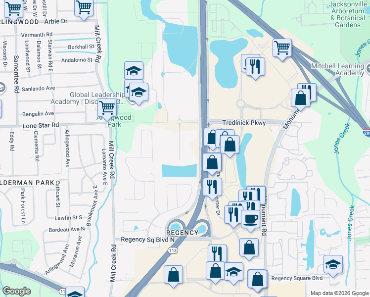 map of restaurants, bars, coffee shops, grocery stores, and more near Southside Connector in Jacksonville