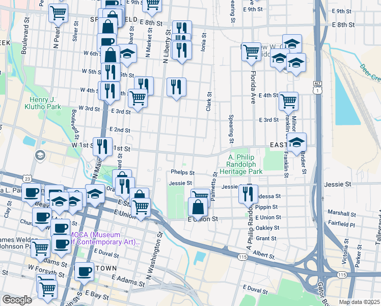 map of restaurants, bars, coffee shops, grocery stores, and more near 1 East 1st Street in Jacksonville