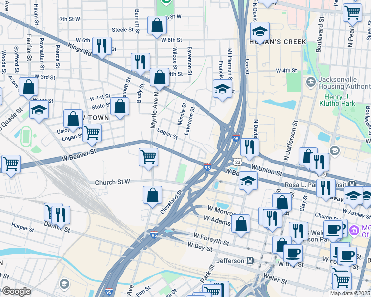 map of restaurants, bars, coffee shops, grocery stores, and more near 712 Eaverson Street in Jacksonville