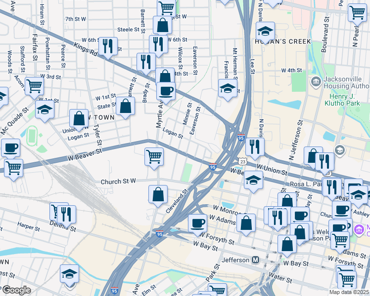 map of restaurants, bars, coffee shops, grocery stores, and more near 712 Eaverson Street in Jacksonville