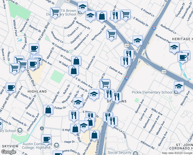 map of restaurants, bars, coffee shops, grocery stores, and more near 305 East Croslin Street in Austin