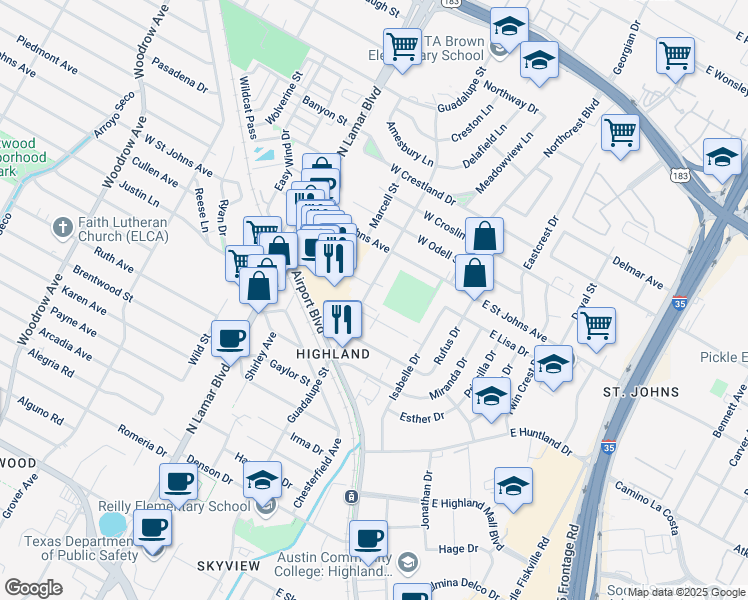 map of restaurants, bars, coffee shops, grocery stores, and more near 401 West Saint Johns Avenue in Austin