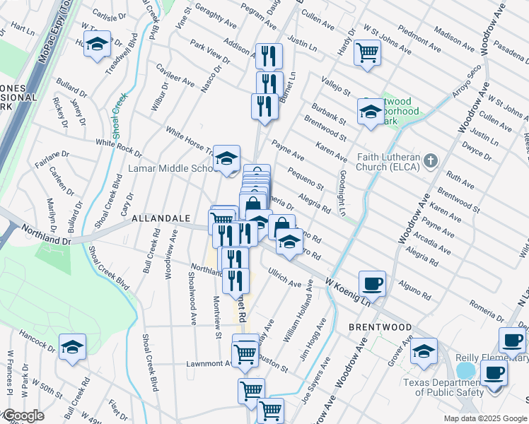 map of restaurants, bars, coffee shops, grocery stores, and more near 6100 Laird Drive in Austin
