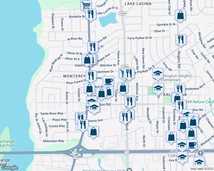 map of restaurants, bars, coffee shops, grocery stores, and more near 5807 Macy Avenue in Jacksonville