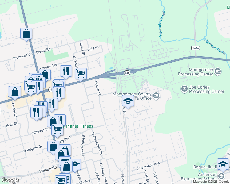 map of restaurants, bars, coffee shops, grocery stores, and more near 101 Delores Street in Conroe