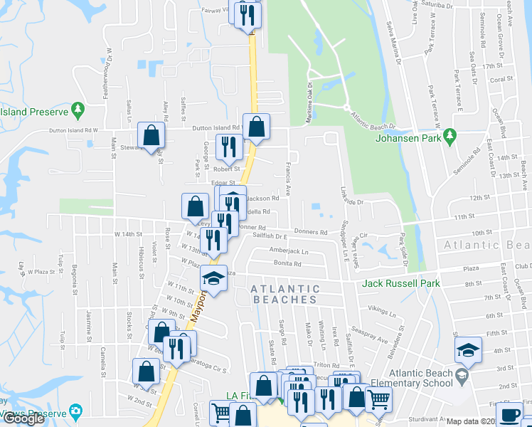 map of restaurants, bars, coffee shops, grocery stores, and more near 96b Ardella Road in Atlantic Beach