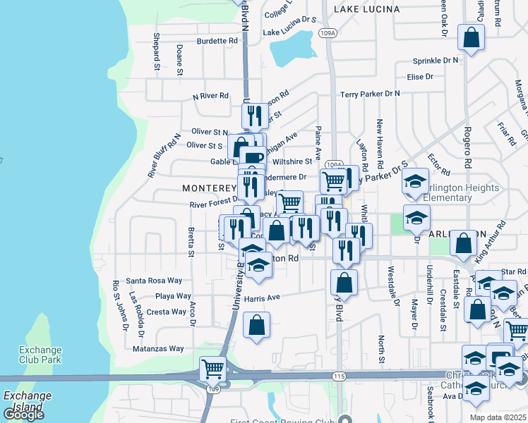 map of restaurants, bars, coffee shops, grocery stores, and more near 1511 Marcheck Street in Jacksonville