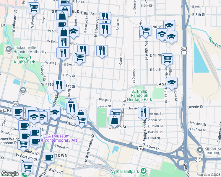 map of restaurants, bars, coffee shops, grocery stores, and more near 1 East 1st Street in Jacksonville
