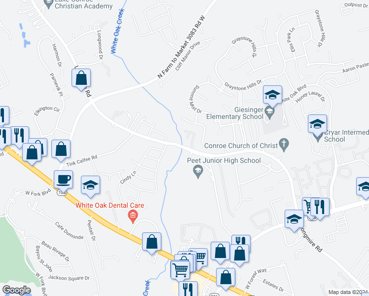 map of restaurants, bars, coffee shops, grocery stores, and more near 1837 Longmire Road in Conroe