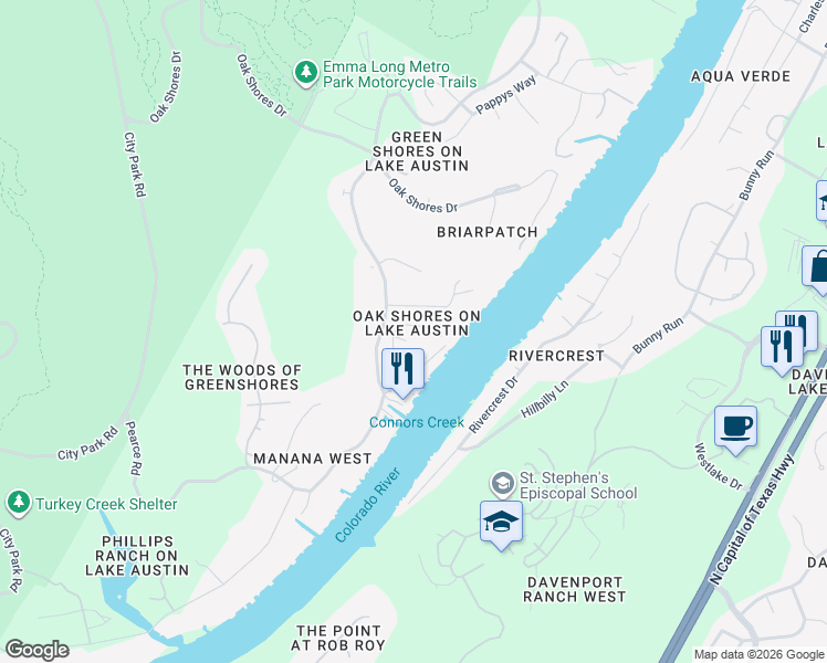 map of restaurants, bars, coffee shops, grocery stores, and more near 3107 Frijolita Road in Austin
